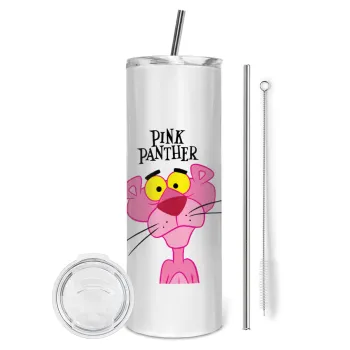 Pink Panther cartoon, Tumbler ποτήρι θερμό από ανοξείδωτο ατσάλι 600ml, με μεταλλικό καλαμάκι & βούρτσα καθαρισμού