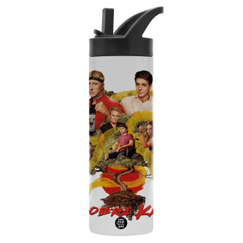 Cobra Kai tree, Μεταλλικό παγούρι θερμός με καλαμάκι & χειρολαβή, ανοξείδωτο ατσάλι (Stainless steel 304), διπλού τοιχώματος, 600ml