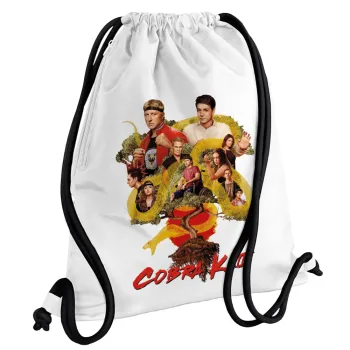 Cobra Kai tree, Backpack pouch GYMBAG white, with pocket (40x48cm) & thick cords