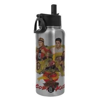 Cobra Kai tree, Metal mug thermo Silver with Straw and Spout Lid (Stainless steel), double wall, 950ml