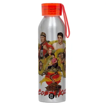 Cobra Kai tree, Αλουμινένιο Αθλητικό Μπουκάλι 650ml – Ασημί με Κόκκινο Καπάκι και Λουράκι Σιλικόνης