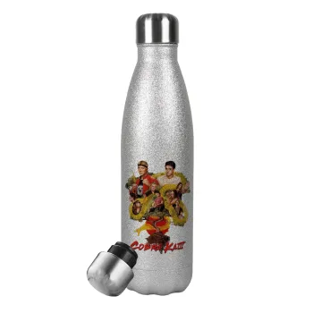 Cobra Kai tree, Metallic Glitter Silver Thermos Flask (Stainless steel), double-walled, 500ml