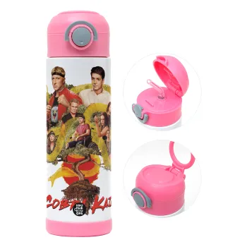 Cobra Kai tree, Παιδικό παγούρι θερμό, ανοξείδωτο, με καλαμάκι ασφαλείας, ΡΟΖ (500ml)