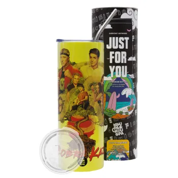 Cobra Kai tree, Neon Yellow Travel Tumbler θερμό, μεταλλικό καλαμάκι(Ανωξείδωτο 304 Food grade, BPA free, 600ml)