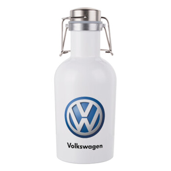 VW Volkswagen, Μεταλλικό παγούρι Λευκό (Stainless steel) με καπάκι ασφαλείας 1L