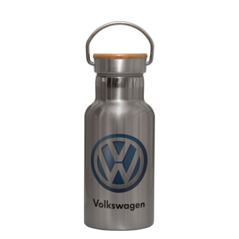 VW Volkswagen, Μεταλλικό παγούρι θερμός (Stainless steel) Ασημένιο με ξύλινο καπακι (bamboo), διπλού τοιχώματος, 350ml