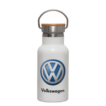 VW Volkswagen, Μεταλλικό παγούρι θερμός (Stainless steel) Λευκό με ξύλινο καπακι (bamboo), διπλού τοιχώματος, 350ml