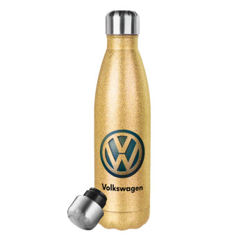 VW Volkswagen, Μεταλλικό παγούρι θερμός Glitter χρυσό (Stainless steel), διπλού τοιχώματος, 500ml