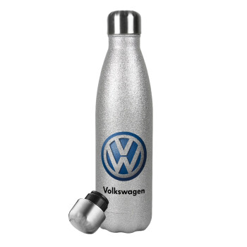 VW Volkswagen, Μεταλλικό παγούρι θερμός Glitter Aσημένιο (Stainless steel), διπλού τοιχώματος, 500ml