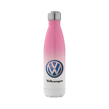VW Volkswagen, Μεταλλικό παγούρι θερμός Ροζ/Λευκό (Stainless steel), διπλού τοιχώματος, 500ml