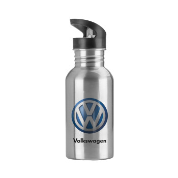 VW Volkswagen, Παγούρι νερού Ασημένιο με καλαμάκι, ανοξείδωτο ατσάλι 600ml
