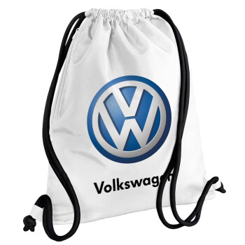 VW Volkswagen, Τσάντα πλάτης πουγκί GYMBAG λευκή, με τσέπη (40x48cm) & χονδρά κορδόνια