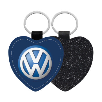 VW Volkswagen, Μπρελόκ PU δερμάτινο glitter καρδιά ΜΑΥΡΟ