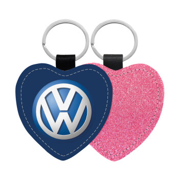 VW Volkswagen, Μπρελόκ PU δερμάτινο glitter καρδιά ΡΟΖ