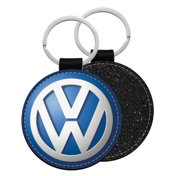 VW Volkswagen, Μπρελόκ Δερματίνη, στρογγυλό ΜΑΥΡΟ (5cm)