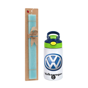 VW Volkswagen, Πασχαλινό Σετ, Παιδικό παγούρι θερμό, ανοξείδωτο, με καλαμάκι ασφαλείας, πράσινο/μπλε (350ml) & πασχαλινή λαμπάδα αρωματική πλακέ (30cm) (ΤΙΡΚΟΥΑΖ)