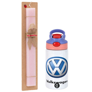 VW Volkswagen, Πασχαλινό Σετ, Παιδικό παγούρι θερμό, ανοξείδωτο, με καλαμάκι ασφαλείας, ροζ/μωβ (350ml) & πασχαλινή λαμπάδα αρωματική πλακέ (30cm) (ΡΟΖ)