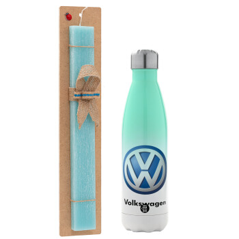 VW Volkswagen, Πασχαλινό Σετ, Μεταλλικό παγούρι θερμός Πράσινο/Λευκό (Stainless steel), διπλού τοιχώματος, 500ml & πασχαλινή λαμπάδα αρωματική πλακέ (30cm) (ΤΙΡΚΟΥΑΖ)