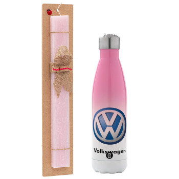 VW Volkswagen, Πασχαλινό Σετ, Μεταλλικό παγούρι θερμός Ροζ/Λευκό (Stainless steel), διπλού τοιχώματος, 500ml & πασχαλινή λαμπάδα αρωματική πλακέ (30cm) (ΡΟΖ)