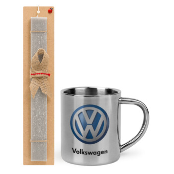 VW Volkswagen, Πασχαλινό Σετ, μεταλλική κούπα θερμό (300ml) & πασχαλινή λαμπάδα αρωματική πλακέ (30cm) (ΓΚΡΙ)