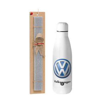 VW Volkswagen, Πασχαλινό Σετ, μεταλλικό παγούρι θερμός ανοξείδωτο (500ml) & πασχαλινή λαμπάδα αρωματική πλακέ (30cm) (ΓΚΡΙ)