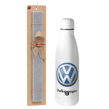 VW Volkswagen, Πασχαλινό Σετ, μεταλλικό παγούρι Inox (700ml) & πασχαλινή λαμπάδα αρωματική πλακέ (30cm) (ΓΚΡΙ)