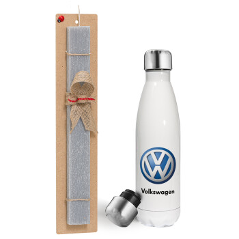 VW Volkswagen, Πασχαλινή λαμπάδα, μεταλλικό παγούρι θερμός λευκός (500ml) & λαμπάδα αρωματική πλακέ (30cm) (ΓΚΡΙ)