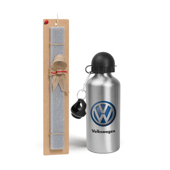 VW Volkswagen, Πασχαλινό Σετ, παγούρι μεταλλικό Ασημένιο αλουμινίου (500ml) & πασχαλινή λαμπάδα αρωματική πλακέ (30cm) (ΓΚΡΙ)