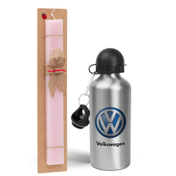 VW Volkswagen, Πασχαλινό Σετ, παγούρι μεταλλικό Ασημένιο αλουμινίου (500ml) & πασχαλινή λαμπάδα αρωματική πλακέ (30cm) (ΡΟΖ)