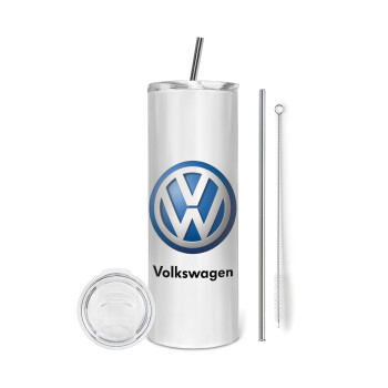 VW Volkswagen, Eco friendly ποτήρι θερμό (tumbler) από ανοξείδωτο ατσάλι 600ml, με μεταλλικό καλαμάκι & βούρτσα καθαρισμού