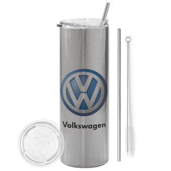 VW Volkswagen, Eco friendly ποτήρι θερμό Ασημένιο (tumbler) από ανοξείδωτο ατσάλι 600ml, με μεταλλικό καλαμάκι & βούρτσα καθαρισμού