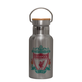Liverpool, Stainless steel metallic thermos flask, silver with a bamboo lid, double-walled, 350ml.