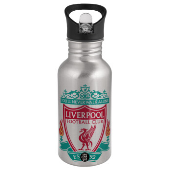 Liverpool, Water bottle Silver with straw, stainless steel 500ml