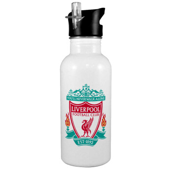 Liverpool, White water bottle with straw, stainless steel 600ml