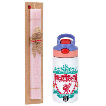 Liverpool, Easter Set, Children's thermal stainless steel water bottle with safety straw, pink/purple (350ml) & Easter scented flat candle (30cm) (PINK)