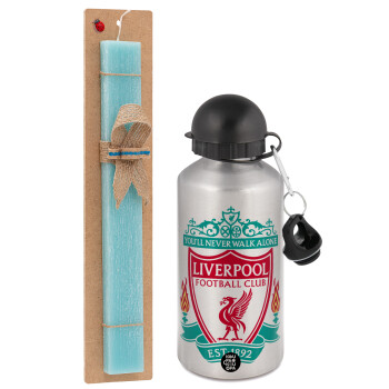 Liverpool, Easter Set, metallic silver aluminum water bottle (500ml) & scented flat Easter candle (30cm) (TURQUOISE)