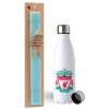 Easter Set, metallic stainless steel water bottle (750ml) & aromatic flat Easter candle (30cm) (TURQUOISE)