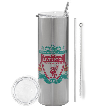 Liverpool, Eco friendly ποτήρι θερμό Ασημένιο (tumbler) από ανοξείδωτο ατσάλι 600ml, με μεταλλικό καλαμάκι & βούρτσα καθαρισμού