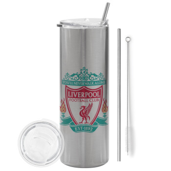 Liverpool, Tumbler ποτήρι θερμό Ασημένιο από ανοξείδωτο ατσάλι 600ml, με μεταλλικό καλαμάκι & βούρτσα καθαρισμού
