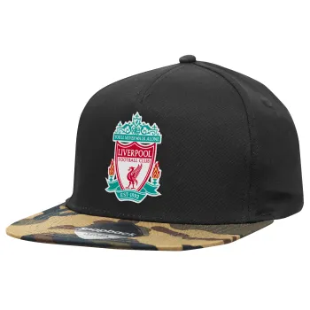Liverpool, Adult Flat Snapback Hat Black/Camouflage, (100% COTTON TWILL, ADULT, UNISEX, ONE SIZE)
