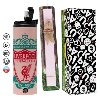 Liverpool, Πασχαλινή Λαμπάδα με  ΡΟΖ Travel Tumbler θερμό (600ml, BPA free) & κερί αρωματικό πλακέ (30cm) (ΡΟΖ)