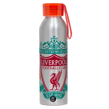 Liverpool, Αλουμινένιο Αθλητικό Μπουκάλι 650ml – Ασημί με Κόκκινο Καπάκι και Λουράκι Σιλικόνης