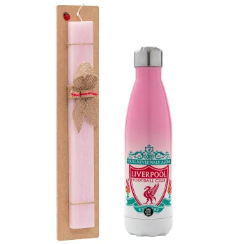 Liverpool, Easter Set, Metallic pink/white (Stainless steel) thermos, double-walled, 500ml & aromatic flat Easter candle (30cm) (PINK)