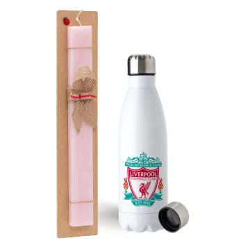 Liverpool, Easter Set, metallic stainless steel water bottle (750ml) & scented flat Easter candle (30cm) (PINK)