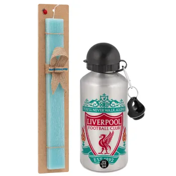 Liverpool, Easter Set, metallic silver aluminum water bottle (500ml) & scented flat Easter candle (30cm) (TURQUOISE)
