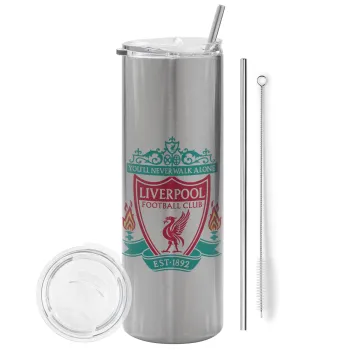 Liverpool, Tumbler ποτήρι θερμό Ασημένιο από ανοξείδωτο ατσάλι 600ml, με μεταλλικό καλαμάκι & βούρτσα καθαρισμού