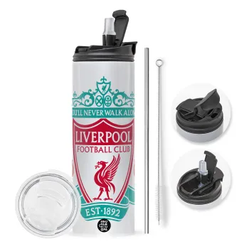Liverpool, Travel Tumbler θερμό με διπλό καπάκι, μεταλλικό καλαμάκι και βούρτσα καθαρισμού (Ανωξείδωτο 304 Food grade, BPA free, 600ml)