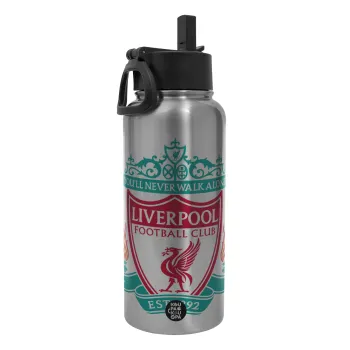 Liverpool, Μεταλλικό παγούρι θερμός Silver με καλαμάκι και χερούλι (Stainless steel), διπλού τοιχώματος, 950ml