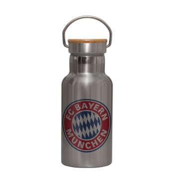 FC Bayern Munich, Stainless steel metallic thermos flask, silver with a bamboo lid, double-walled, 350ml.