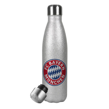 FC Bayern Munich, Μεταλλικό παγούρι θερμός Glitter Aσημένιο (Stainless steel), διπλού τοιχώματος, 500ml